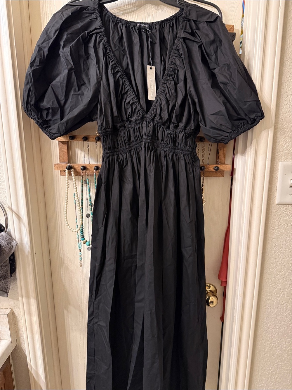 Olivaceous Black Puff-Sleeve Maxi Dress